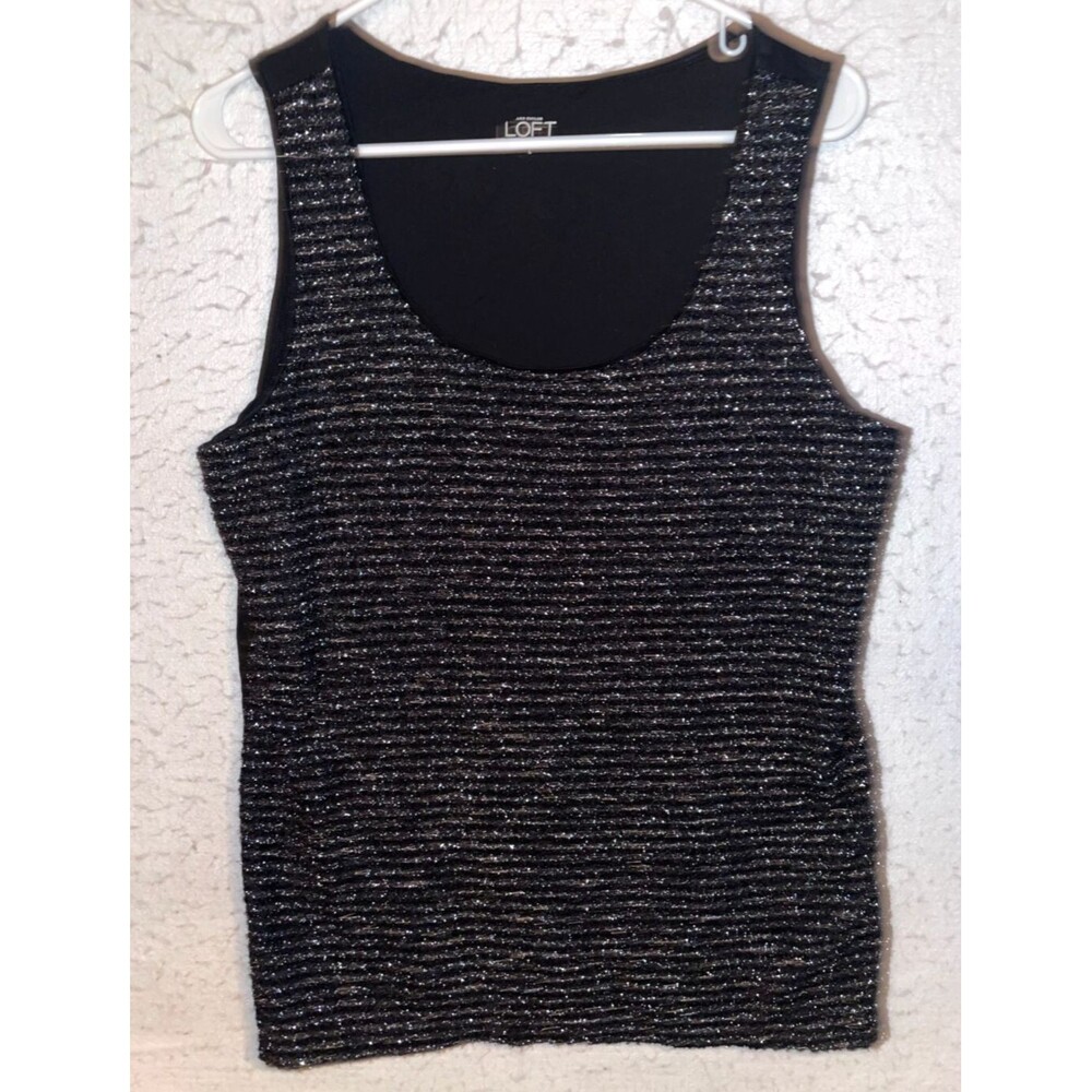 Ann Taylor Loft Black Silver Metallic tank top Womens Size L Lined Bling